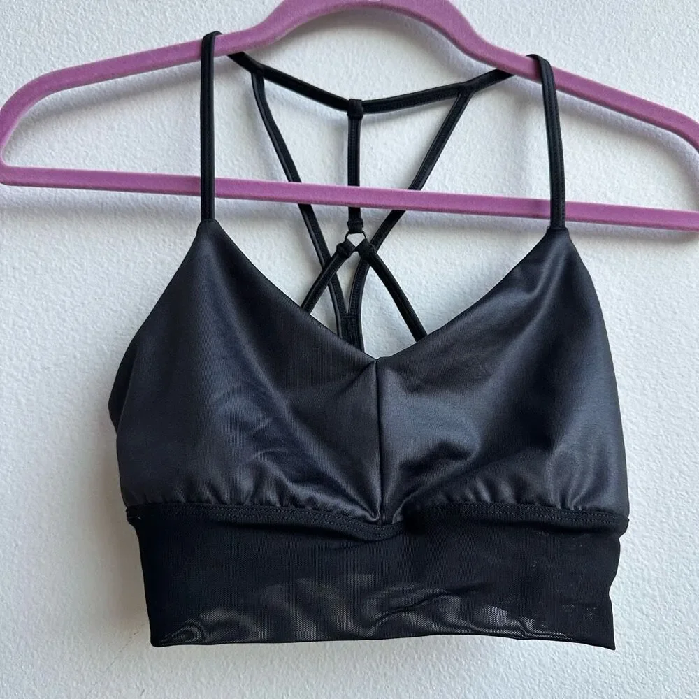 Alo Yoga Lavish Bra Bralette Strapped Mesh Band Glossy Black Lurex Shine Size XS